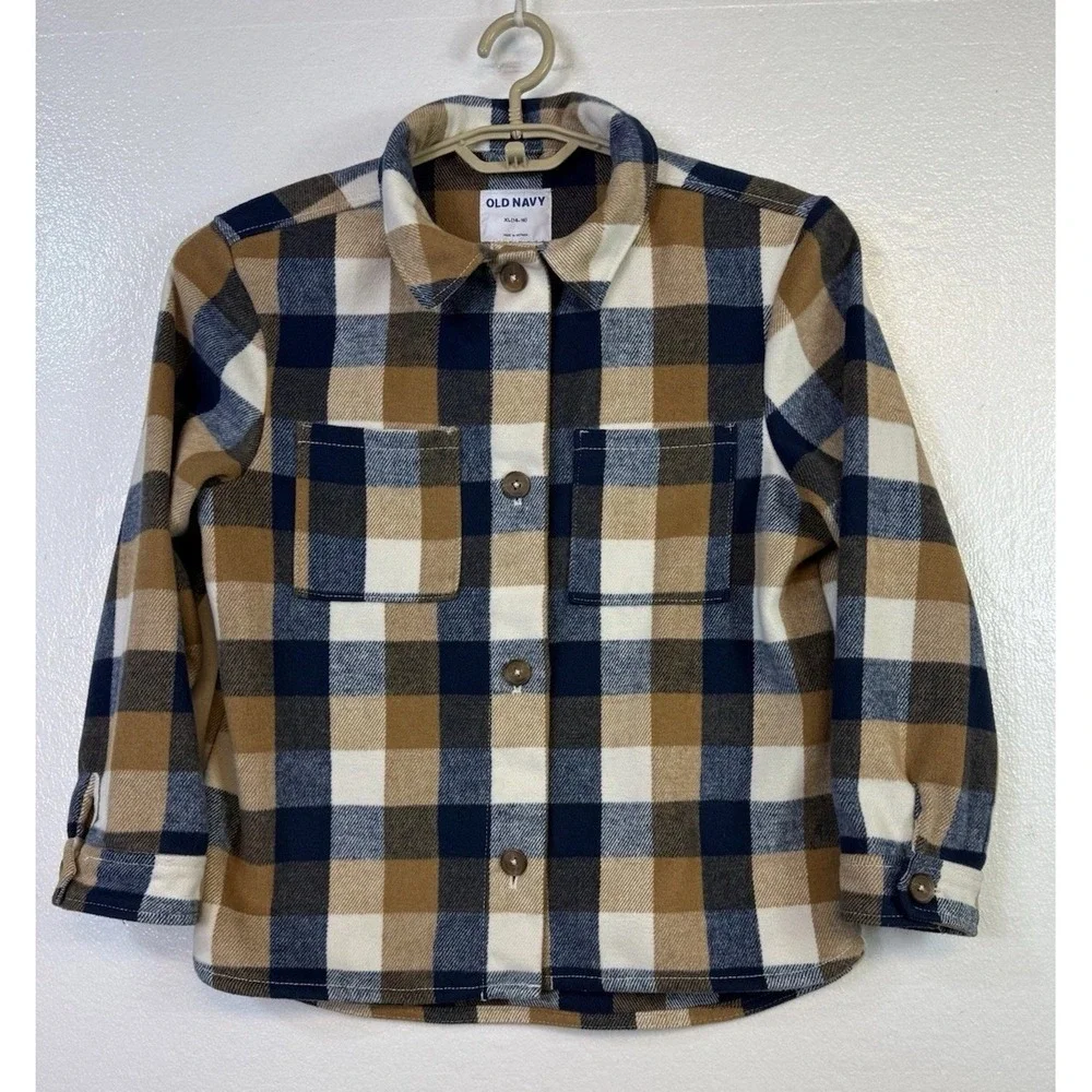 Old Navy Boys Blue Plaid Flannel Button‎ Up Shirt XL 14/16 Long Sleeve Cotton